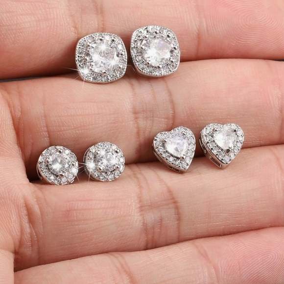 Elegant White Gold & CZ Halo Stud Earrings Set Of 3 NWT - Picture 2 of 3